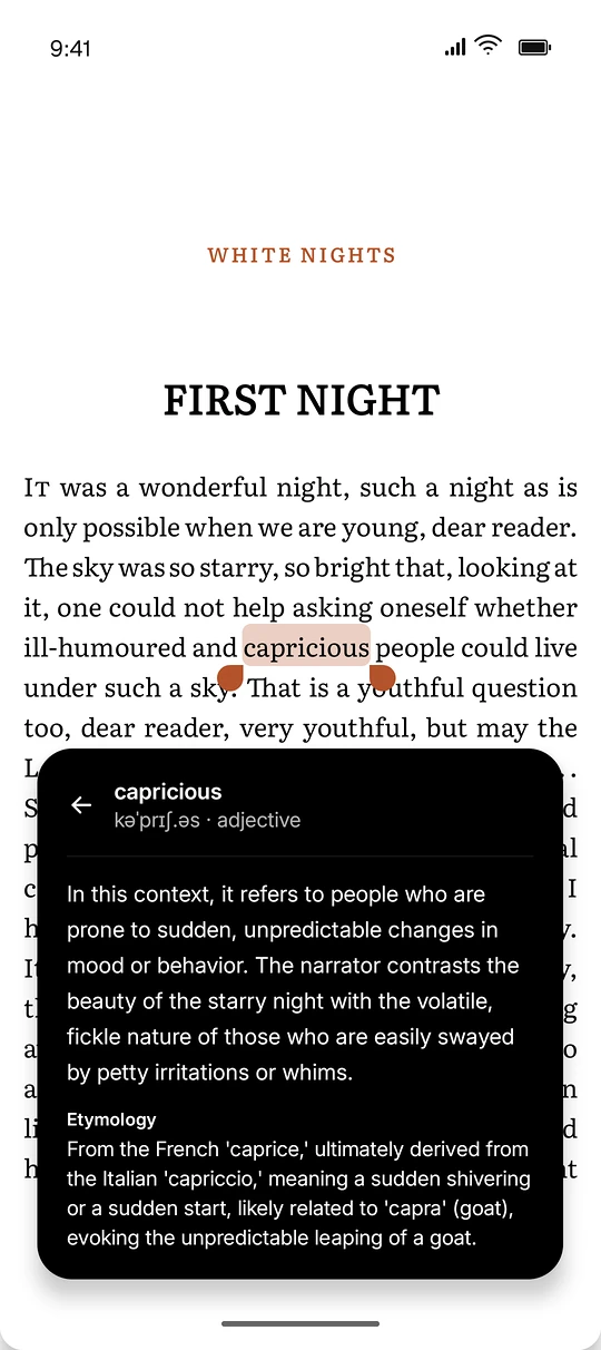 White Nights with the capricious dictionary card
