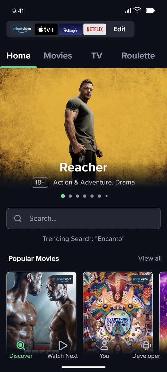 Reacher on the Reelgood home screen