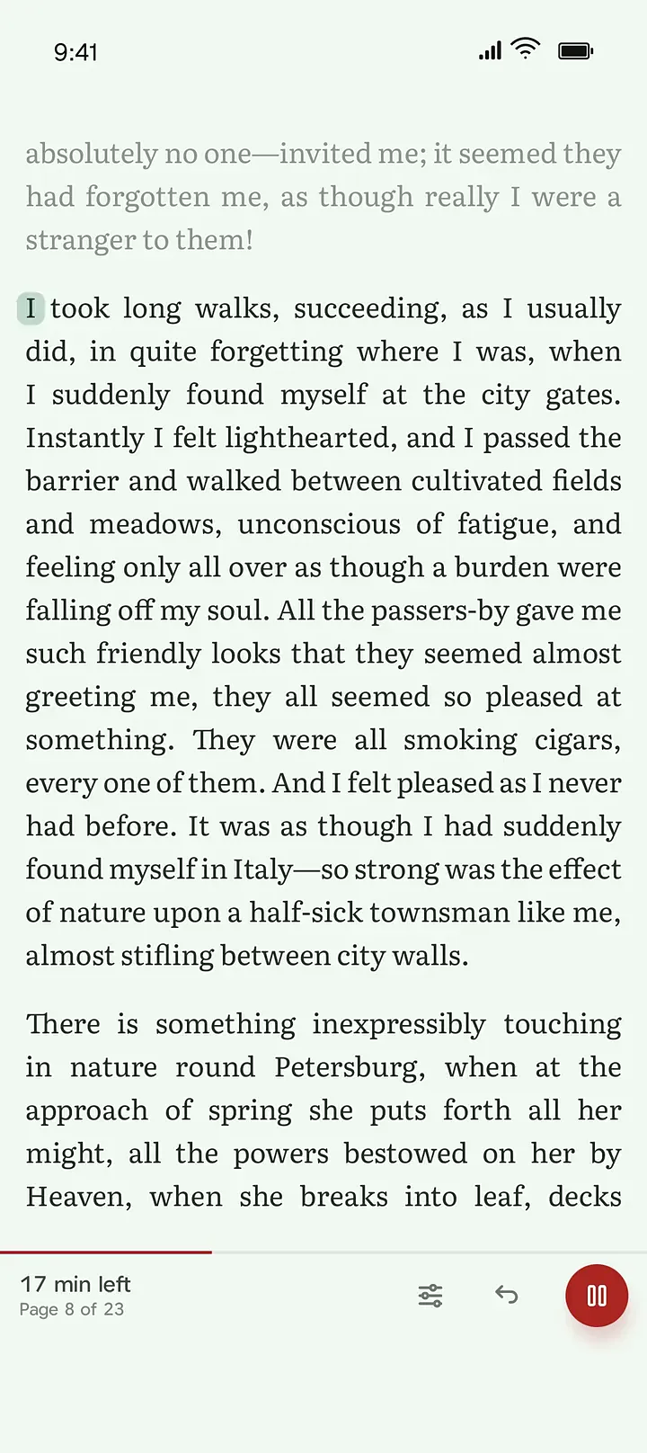 Read-along in the Kafka reader, the narrated word highlighted